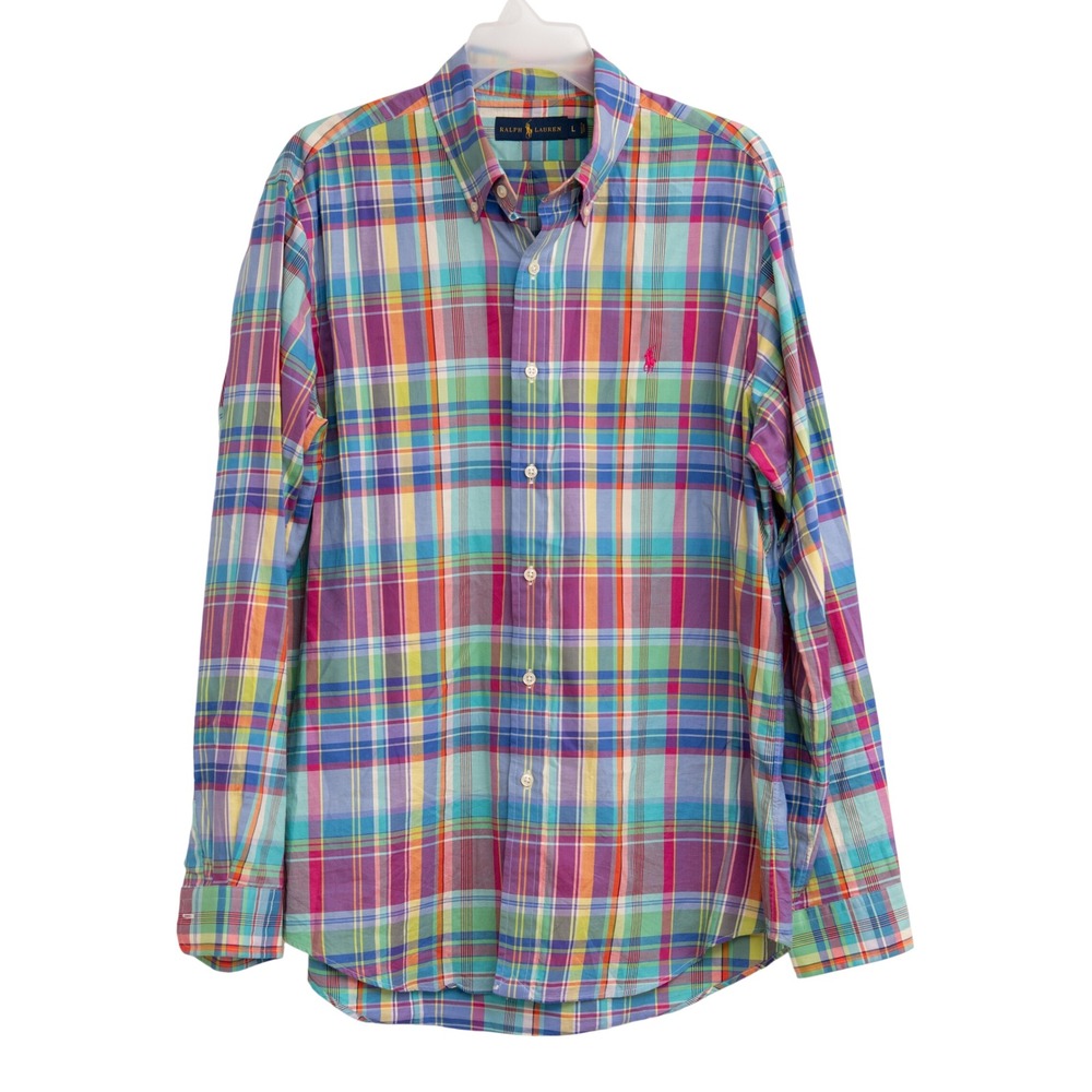 Ralph Lauren Mens Large Colorful Plaid Button Down Shirt Bright Color Madras RL
